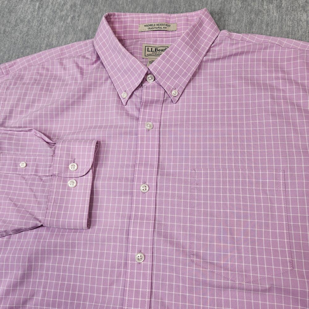 LL Bean Shirt Mens XL Kinnebunk Purple Check Wrinkle Resistant Button Down